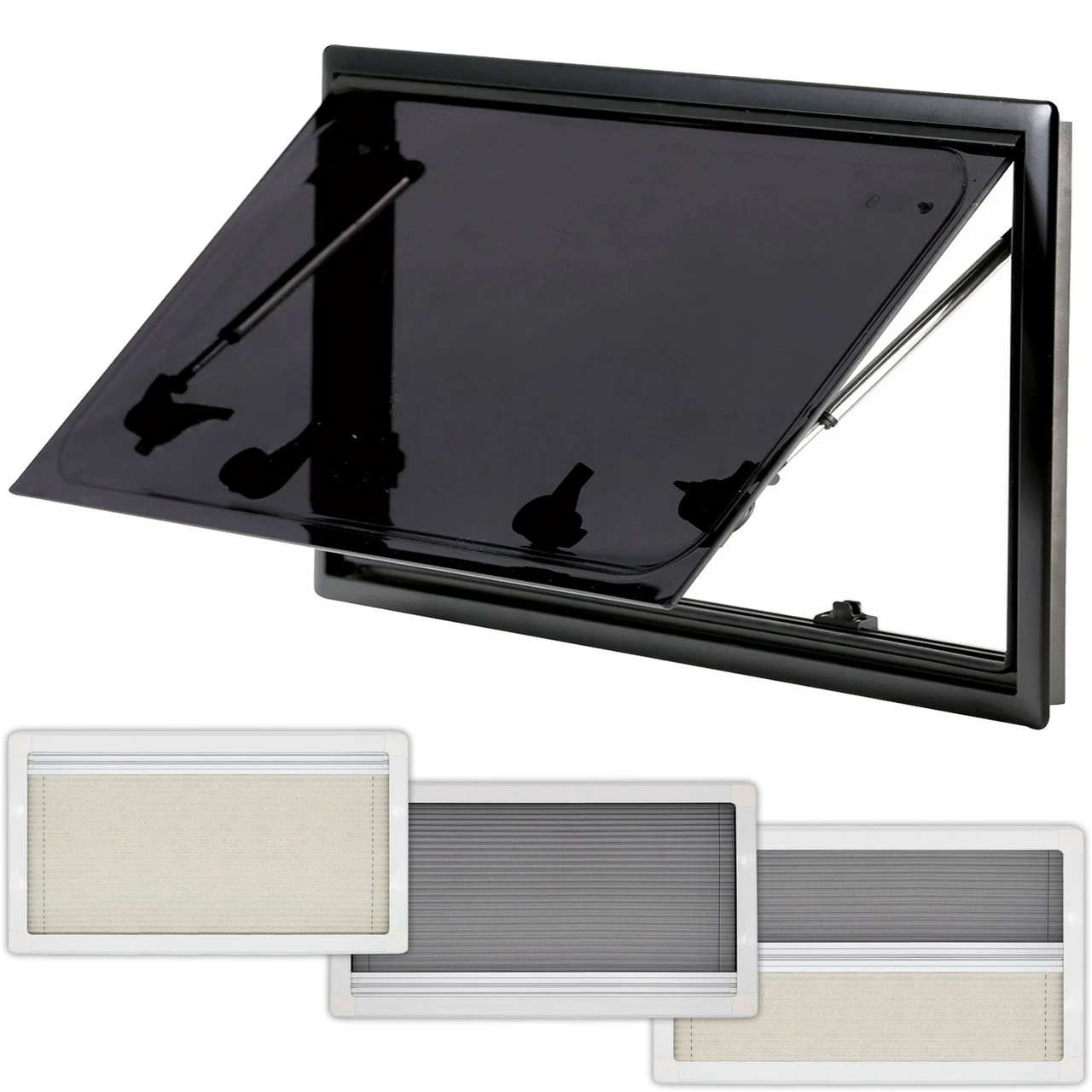 Adventurer Campervan Window With Top Hinge, Blinds & Flyscreen - Flush Acrylic Glass And Frame 1 Adventurer Campervan Window With Top Hinge, Blinds & Flyscreen - Flush Acrylic Glass And Frame